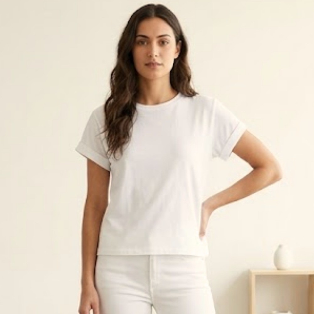 Allison Joy Cuffed‎ Sleeve Side Tie Top Small Cream Minimalist Quiet Luxury Chic